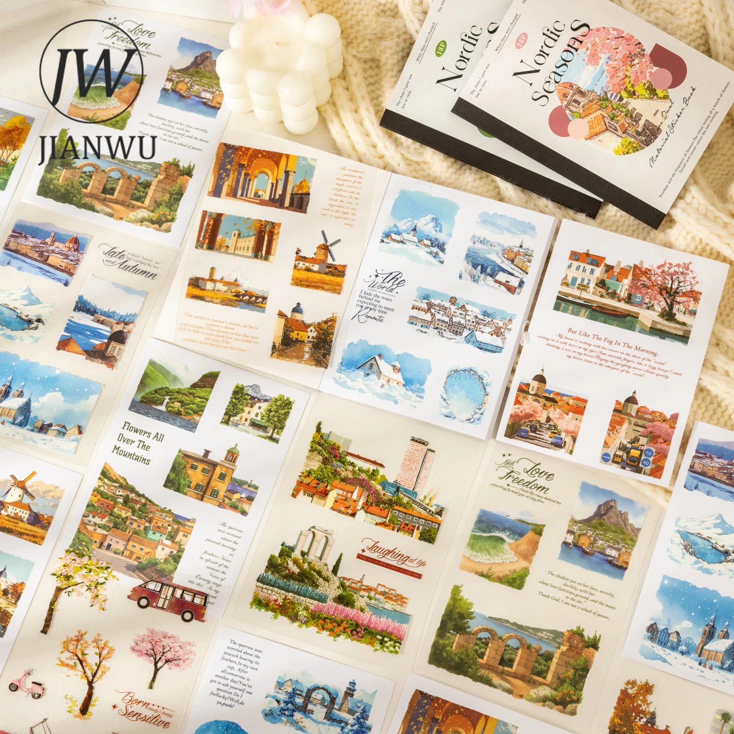 

JIANWU Nordic Seasons Series Vintage Travel Tree Flower City Landscape Material Collage Sticker Book Creative Journal Stationery