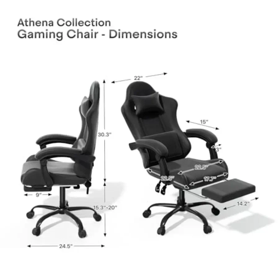 Ergonomic Gaming Chair with Footrest for home office use, mesh back and PU leather seat, black color, lumbar support and adjust