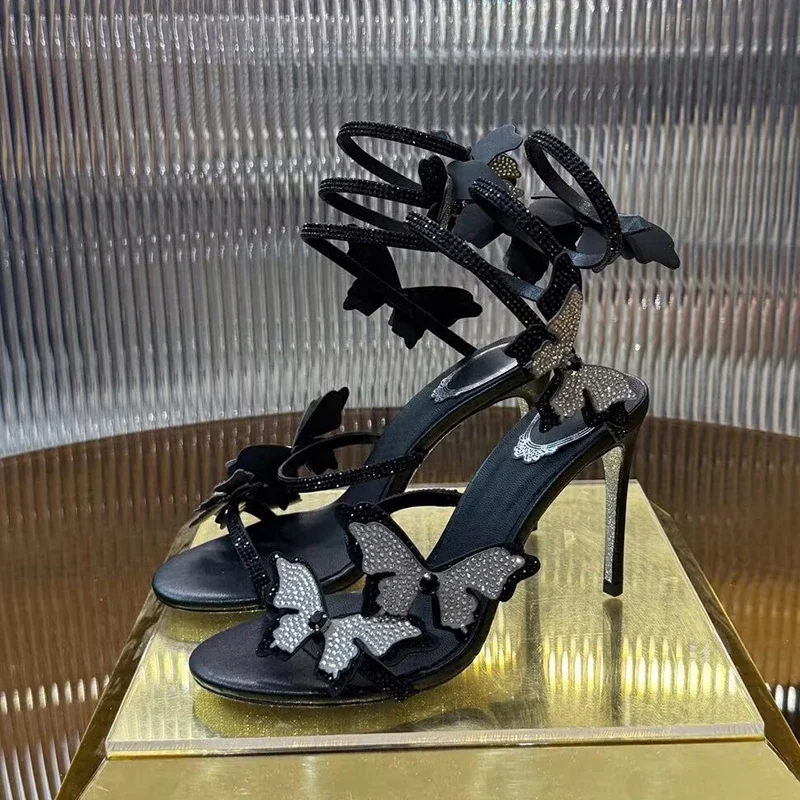 Sandali da donna con cinturino elastico a forma di serpente alla caviglia Sandali con tacco alto sottili Sandali con decorazioni a farfalla con strass Scarpe da festa estive