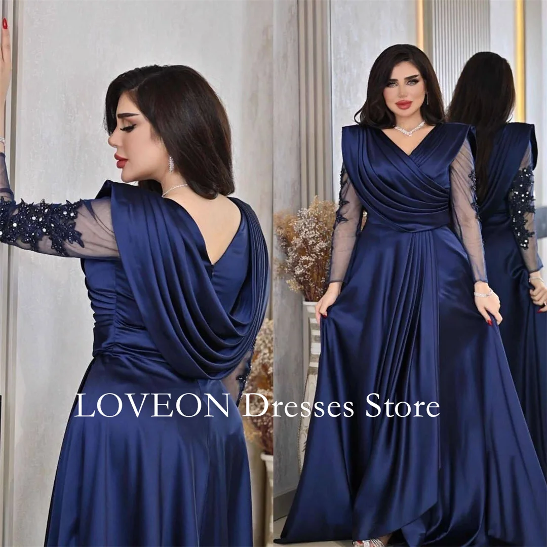 

V-Neck Dark Blue Formal Evening Dresses Pleat Long Sleeves فساتين سهرة Customized Elegant Prom Growns Party Women