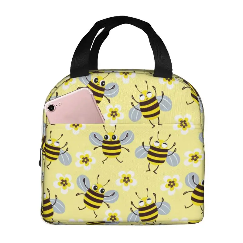 Custom Bees Flowers Insulated Lunch Bag for Camping Travel Thermal Cooler Lunch Box Women Children Food Container Tote Bags