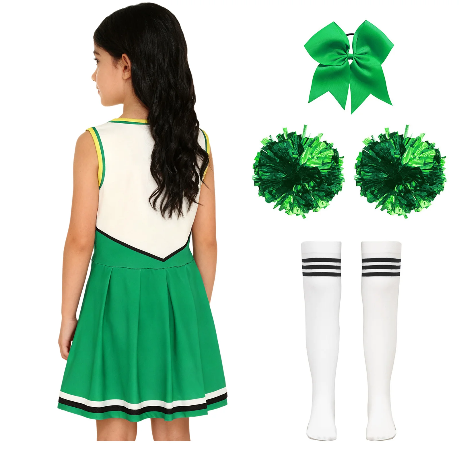Kids Girls Cheerleading Dance Uniform Halloween Carnival Party Cosplay Costume Sleeveless Dress with Flower Balls Hair Tie Socks
