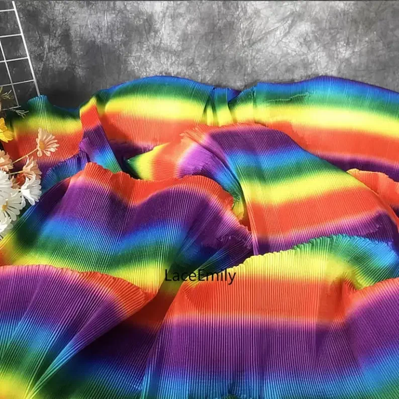 Rainbow Gradient Pleated fabric Ruffled Fabric, for Stage Costume Dress Stage Decoration Wedding Decor Prom dress, 59
