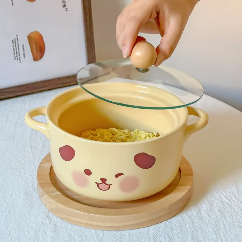 Korean Style Ceramic Instant Noodle Bowl with Lid Cute Pig and Dog Pattern Double Eared Soup Bowl Kitchen Tableware