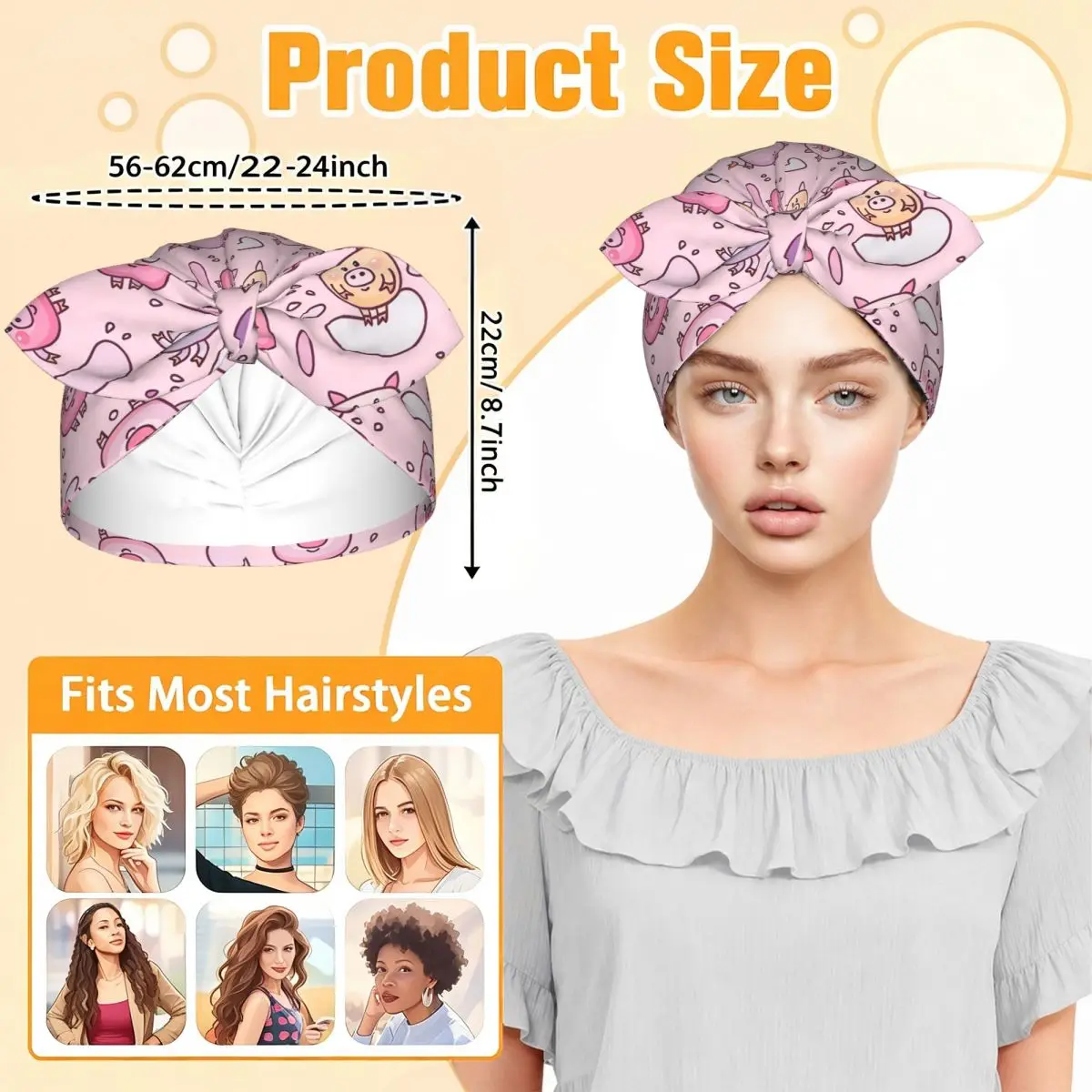 Cartoon Pig Sleep Bonnet Double Layer with Adjustable Bow, Reversible Hair Cap for Curly Braids Hair