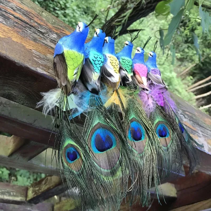 3PCS,Real feather Craft Mini-Peacock With Magnet/Foot,Artificial Foam decrative Birds for Wedding Party Garden home Decoration