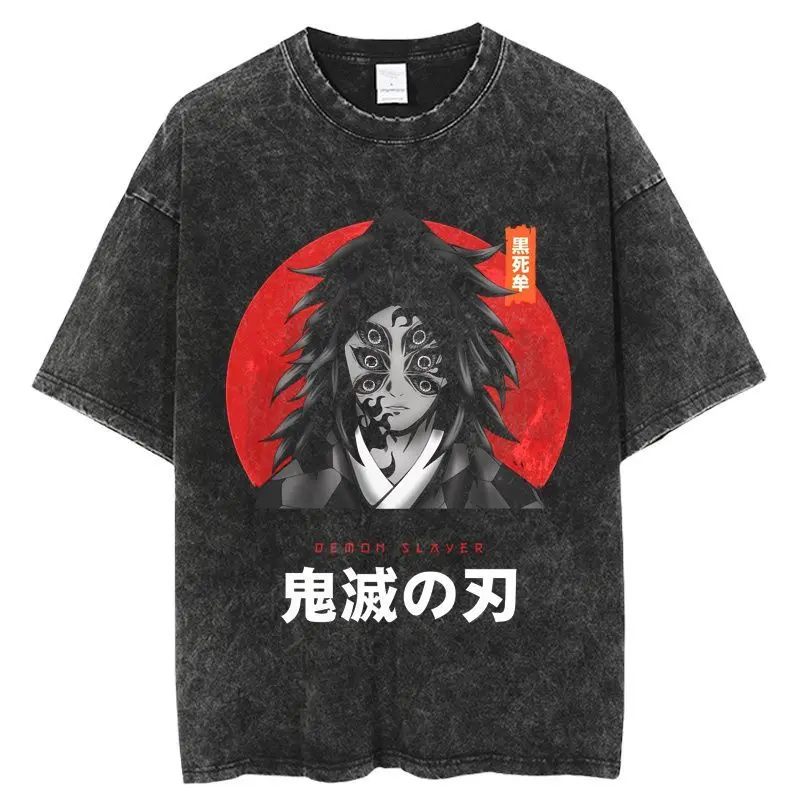 Retro Washed Vintage Summer Short Sleeved Anime Devil Killer Demon Slayer Blade T-shirt Unisex T-shirt with Dark Hip-hop Print