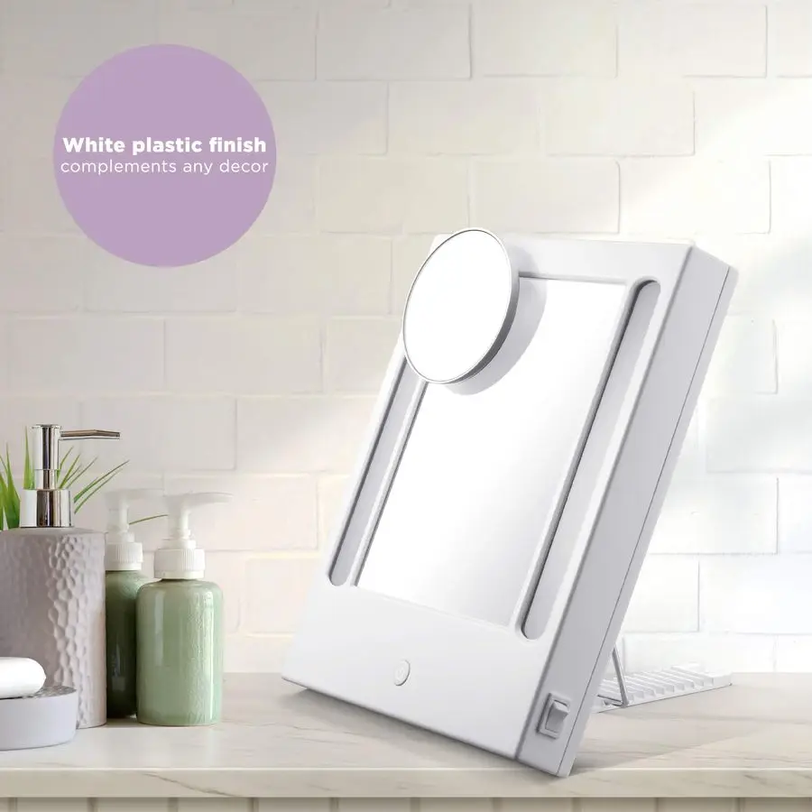 مرآة مكياج مضاءة، مرآة زينة LED، مرآة مكبرة 1X 5X، سلكية باللون الأبيض اللامع #6