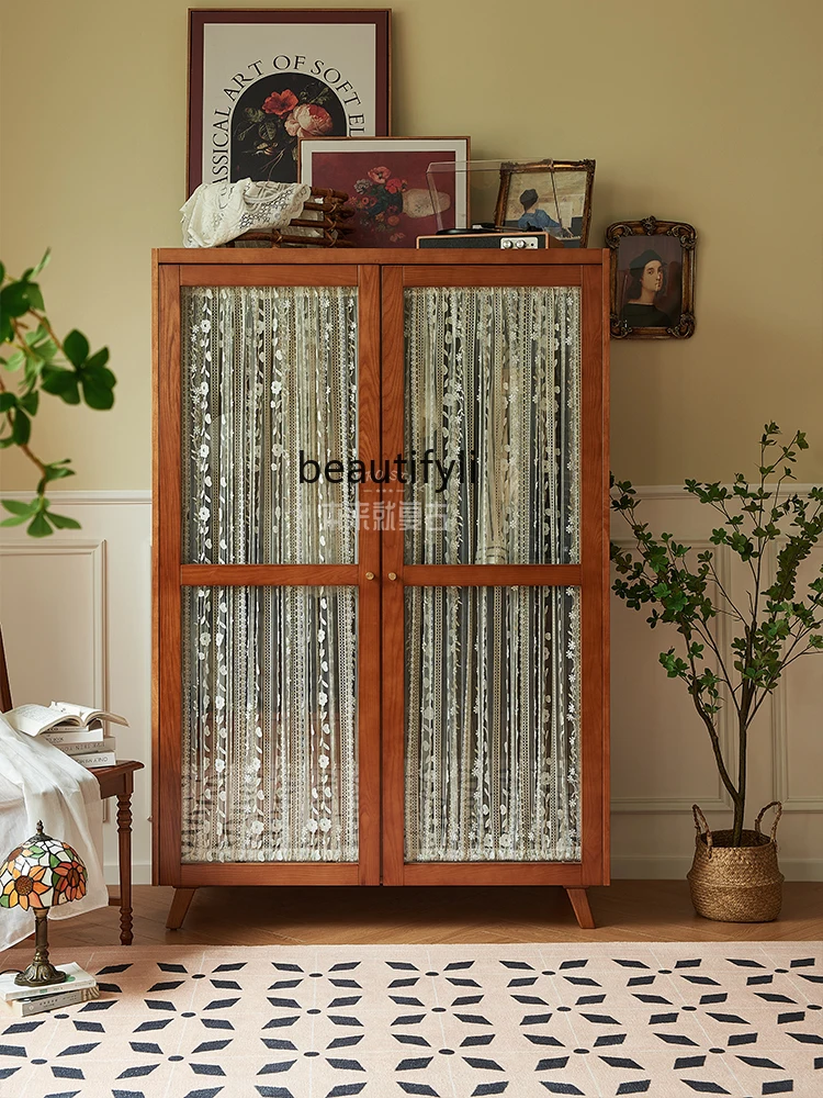 

French Retro Solid Wood Wardrobe Mesh Curtains Glass Bedroom and Household Hanger Clothes Storage Wardrobe