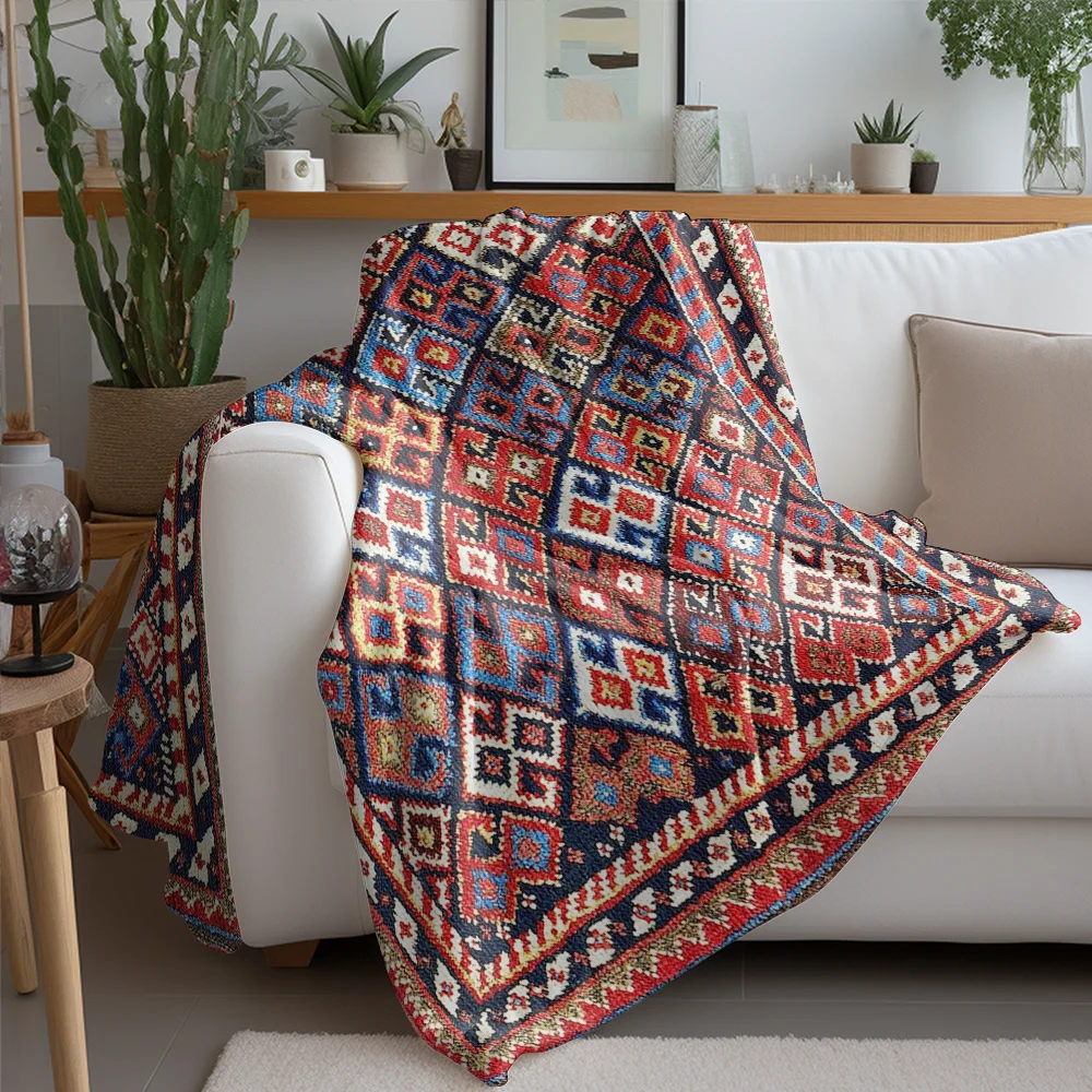 Intricate Ethnic Kilim Rug Handmade Vintage Turkish Red Blue Geometric Patchwork Floor Carpet Decorative Rug
