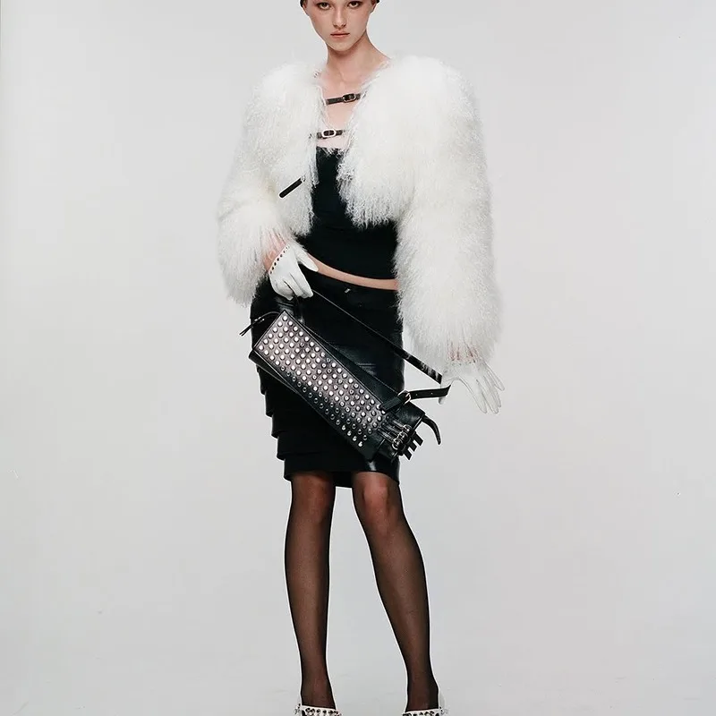 النساء الصلبة الأبيض فو الفراء معاطف الشتاء س الرقبة طويلة الأكمام أحزمة المفتوحة غرزة سميكة الدافئة السترات المحاصيل القمم الاتجاه فروي ملابس خارجية #2