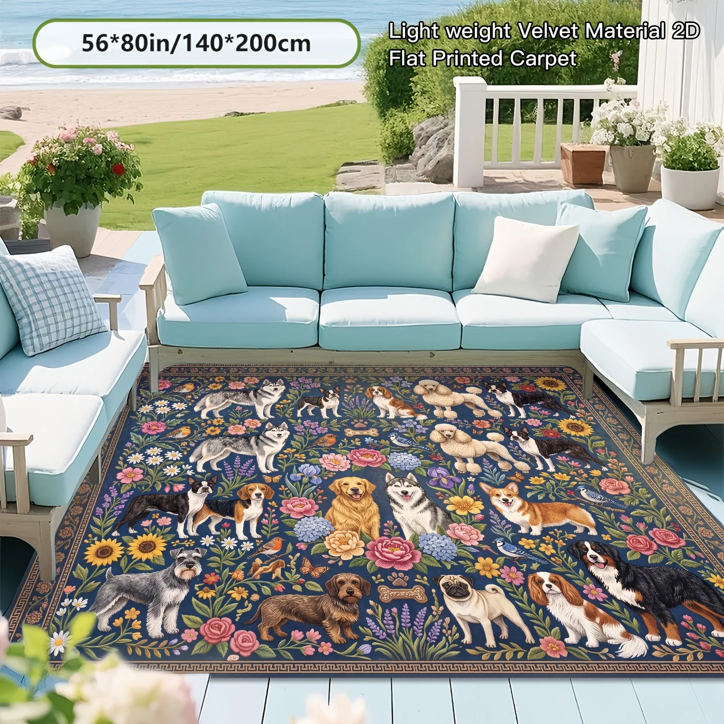 1‑Piece Vintage Navy Cute Dog Print Rug, Artistic Floral Pattern with Corgi, Husky, Poodle, Aesthetic Pet‑Themed Decor Mat
