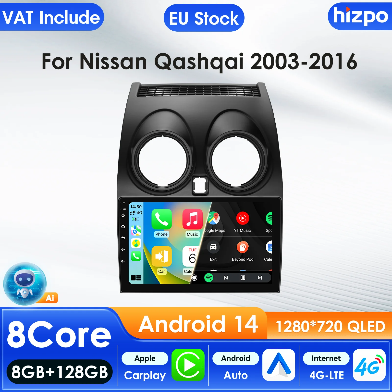 Hizpo 2Din Radio de coche para Nissan Qashqai J10 2006-2013 reproductor Multimedia de Audio Android Auto GPS Carplay WIFI FM Autoradio 360CAM