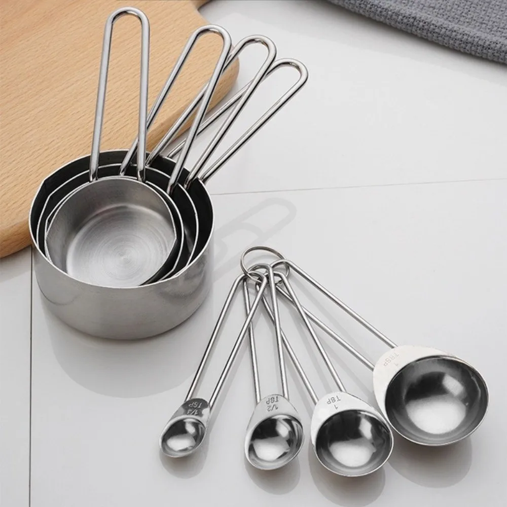 Stainless Steel Measuring Cups Engraved Mark Polished Surface Measuring Spoons Solid Metal Ring‑hook Design Baking Measure Scoop