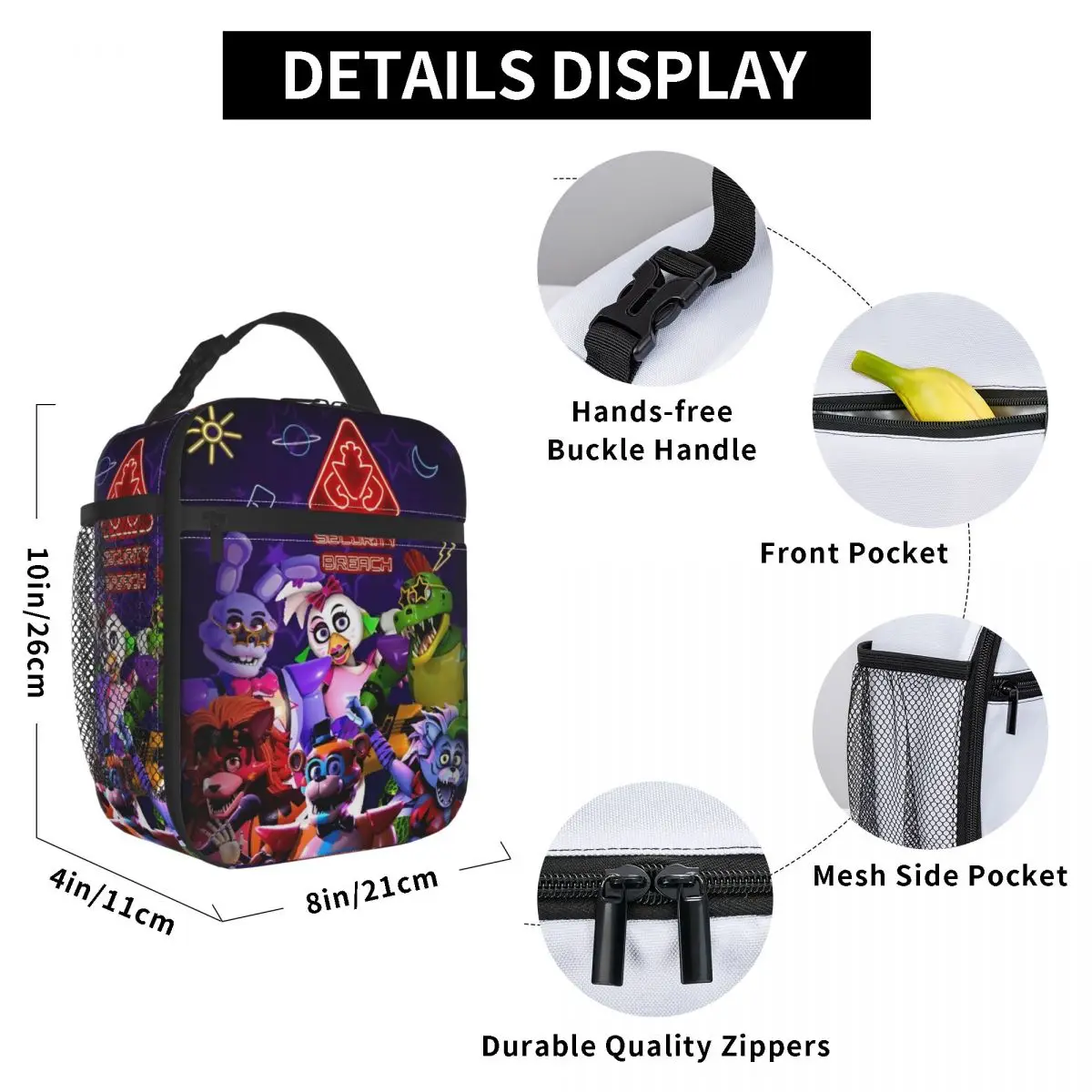 FNAFS Horror Reasoning Video Game Insulated Lunch Bag Cooler Bag  Lunch Container Large Tote Lunch Box Bento Pouch School Picnic