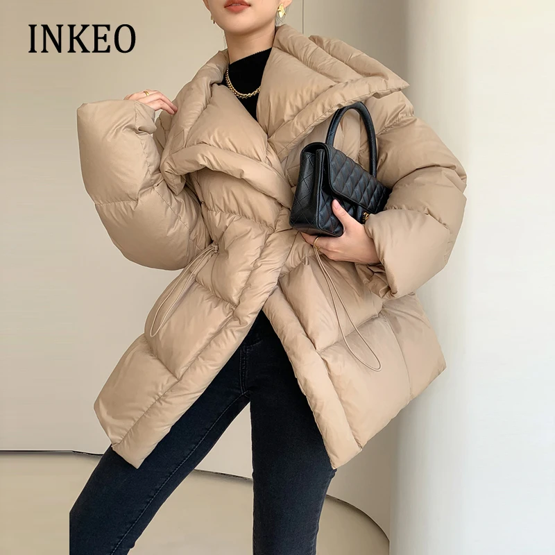 

Luxury Women Fluffy puffer jacket Khaki Winter Warm Adjustable wasit down coat 2023 New Desinger Parkas Outwear INKEO 2O398