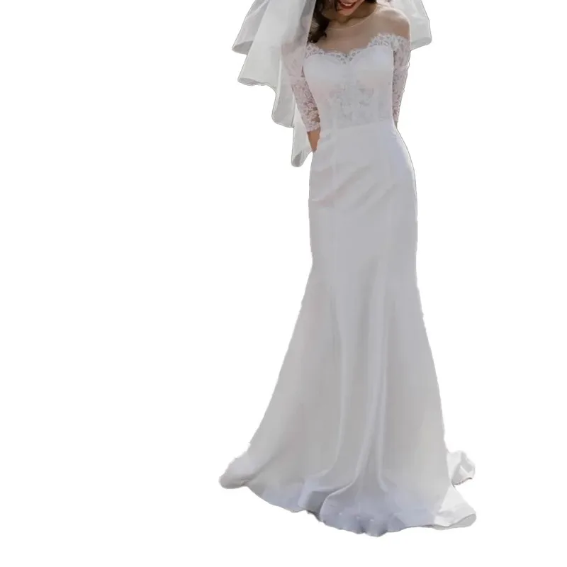 Elegant Mermaid Wedding Dress Chiffon with Lace Bridal Gowns Sheer Neckline Long Sleeves Zipper with Buttons Back