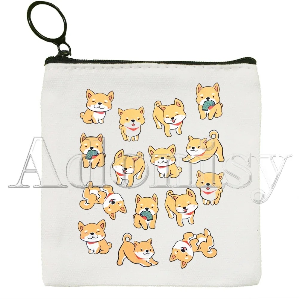 Bolsa de moedas Shiba Inu Canvas, Impressão Japonesa, Animal Engraçado, Bonito, Cor Sólida, Saco Chave com Zíper, Presente de Mão, Pequeno Fresco, Novo