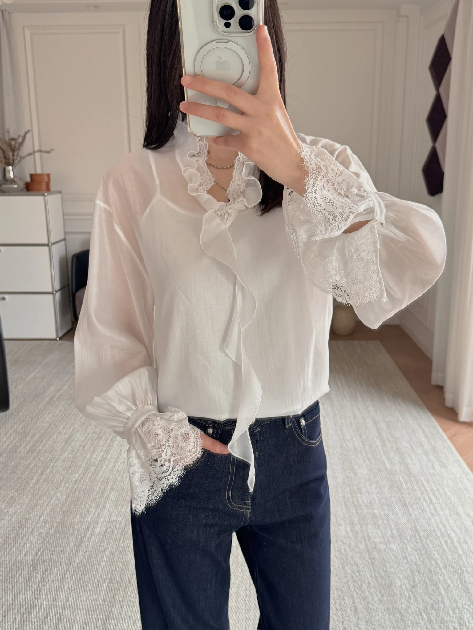 

Romantic Lace Trim Shirt Sash Gentle Poetry Lanxim Tianliha Silk Long Sleeve Women's Shirt Breathable Skin-Friendly Elegant S...