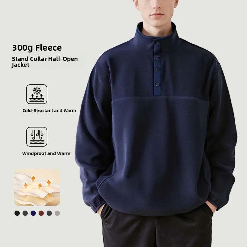 

Men's Fce Lined Ne Sweatirt Casual f Open Collar Jaet Autumn Winter Thiened Warm Loose Fit Long Sve