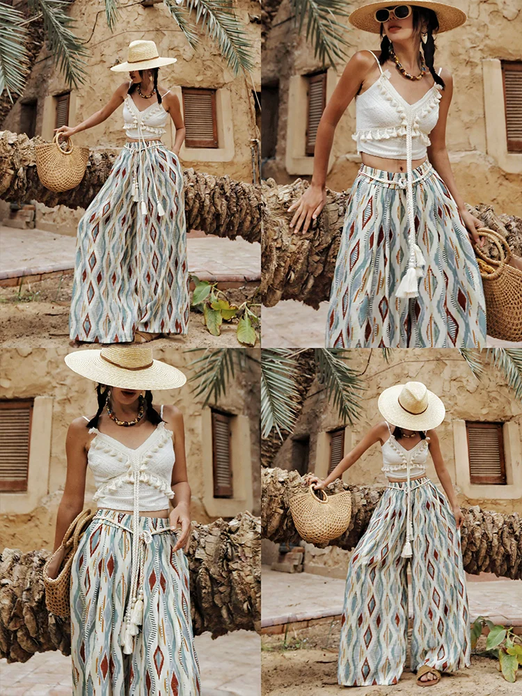 Frühling Herbst Original Design Frauen Boho Chic Urlaub Stil Retro Urlaub Stil Plaid Print Breite Bein Hosen Hohe Taille lässig