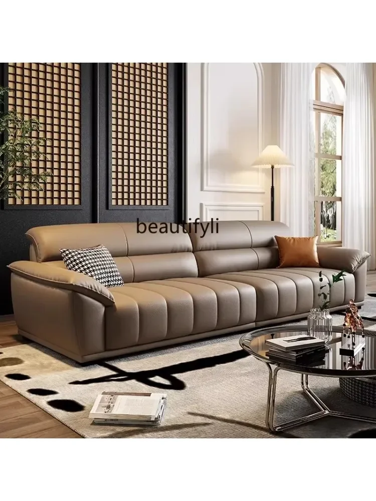X New Light Luxury All leather sofa retro coffee color, new medieval style, straight row against the wall, one-character open ed