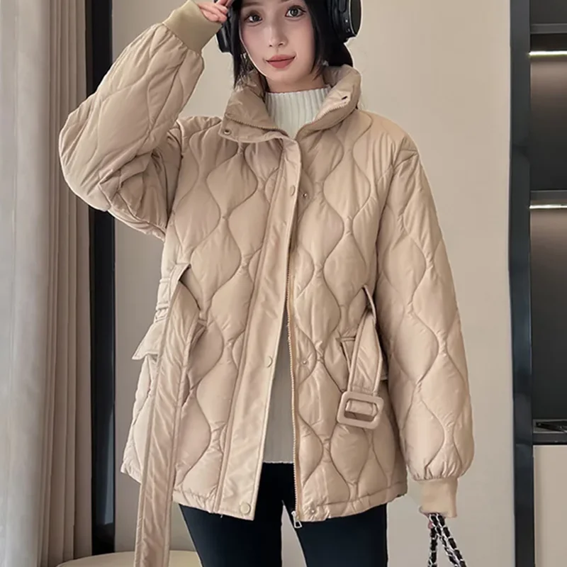 Women Winter Small Fragrance Jacket New Fashion Stand Up Collar Medium Long Warm Down Cotton Jacket Belt Outerwear Female Parkas