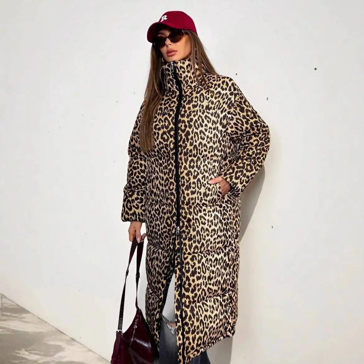 

Cotton 2025 Winter Jacket Over-the-knee Cotton Coat Leopard Print Warm Cotton Clothing Stylish Outerwear Royal Sister Style