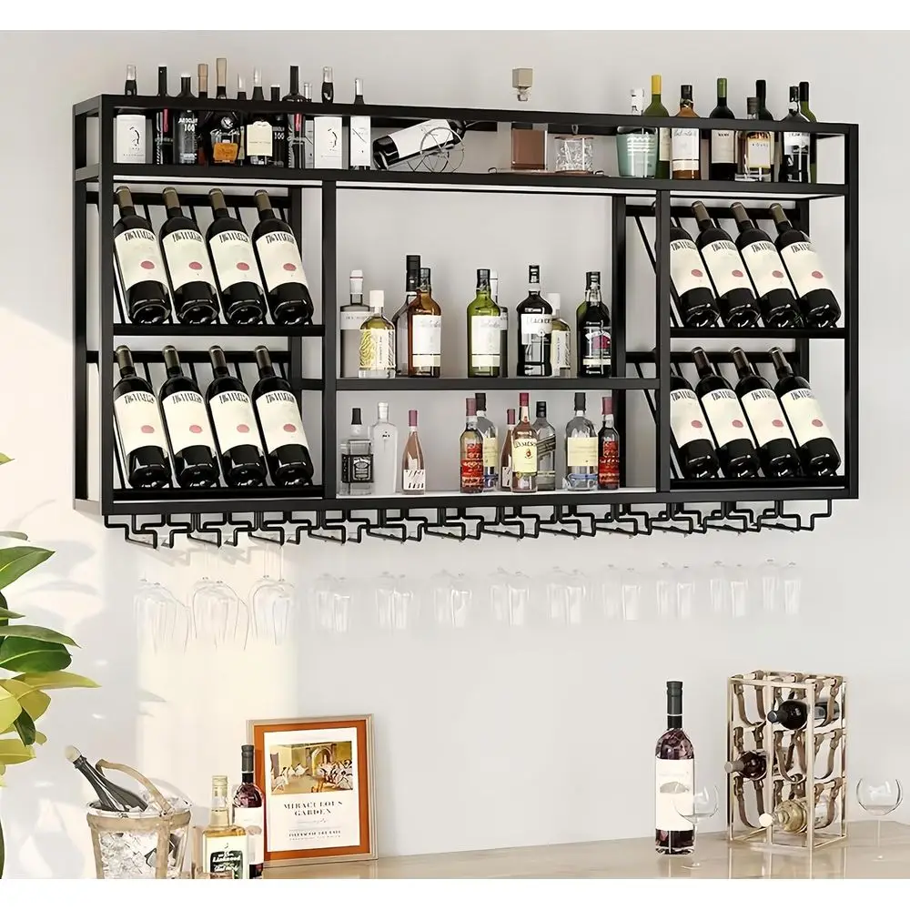 

39 3-Tier Metal Wall-Mounted Wine Rack with Glass Holder, Black, for Home Bar or Kitchen Display
