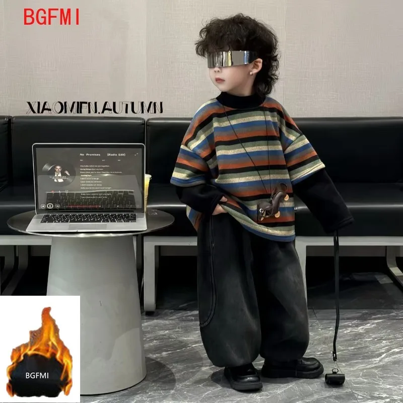 Boy Winter Plush Patchwork Sweatshirt and Jeans Set 2026 New Plush Striped Base Layer+Denim Lantern Pants Outfits Set 2-11Y