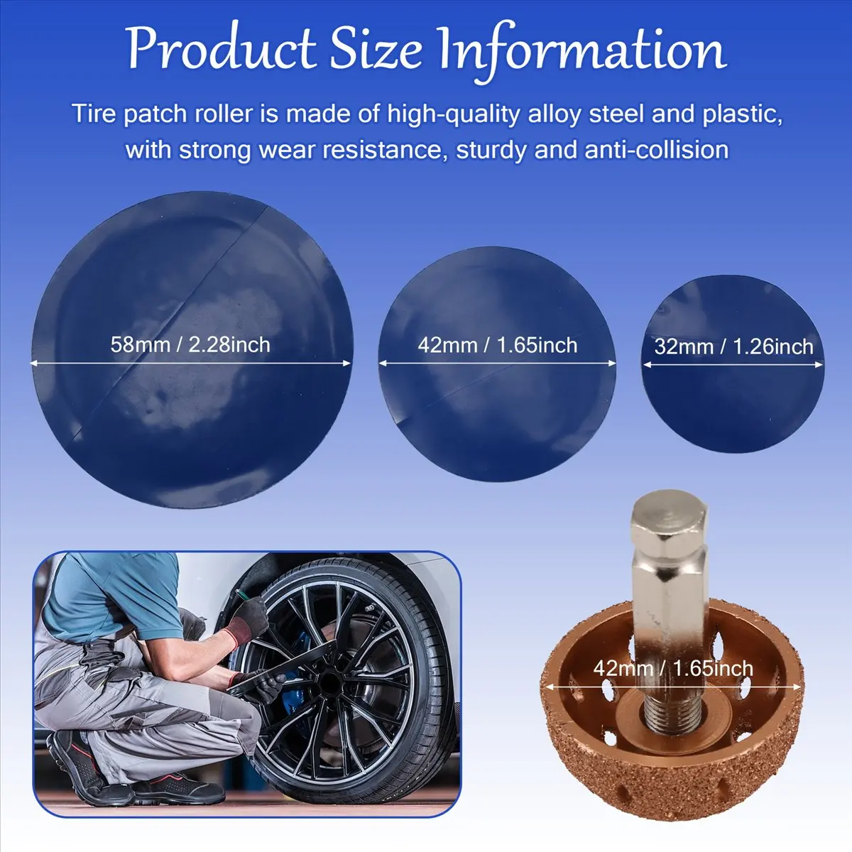 DT38 Tire Patch Roller Kit, Tire Patch Roller/Tire Repair Buffing Wheel/Tire Inner Liner Scraper/ 30PCS Patches(32/ 42/ 58mm)