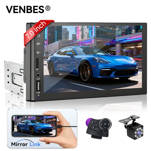 Imagen 1 del producto VENBES Radio para coche Mirror Link 7 en 1 DIN reproductor Multimedia para coche pantalla táctil Bluetooth 5,0 cámara CVBS USB TF FM