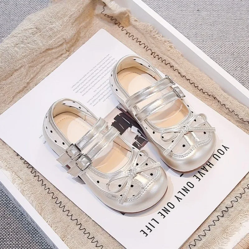 Kids Girls Silver Hollow Mary Jane Shoes with Bow, Soft Non-slip Sole, Breathable Footwear for Summer & Casual Wear