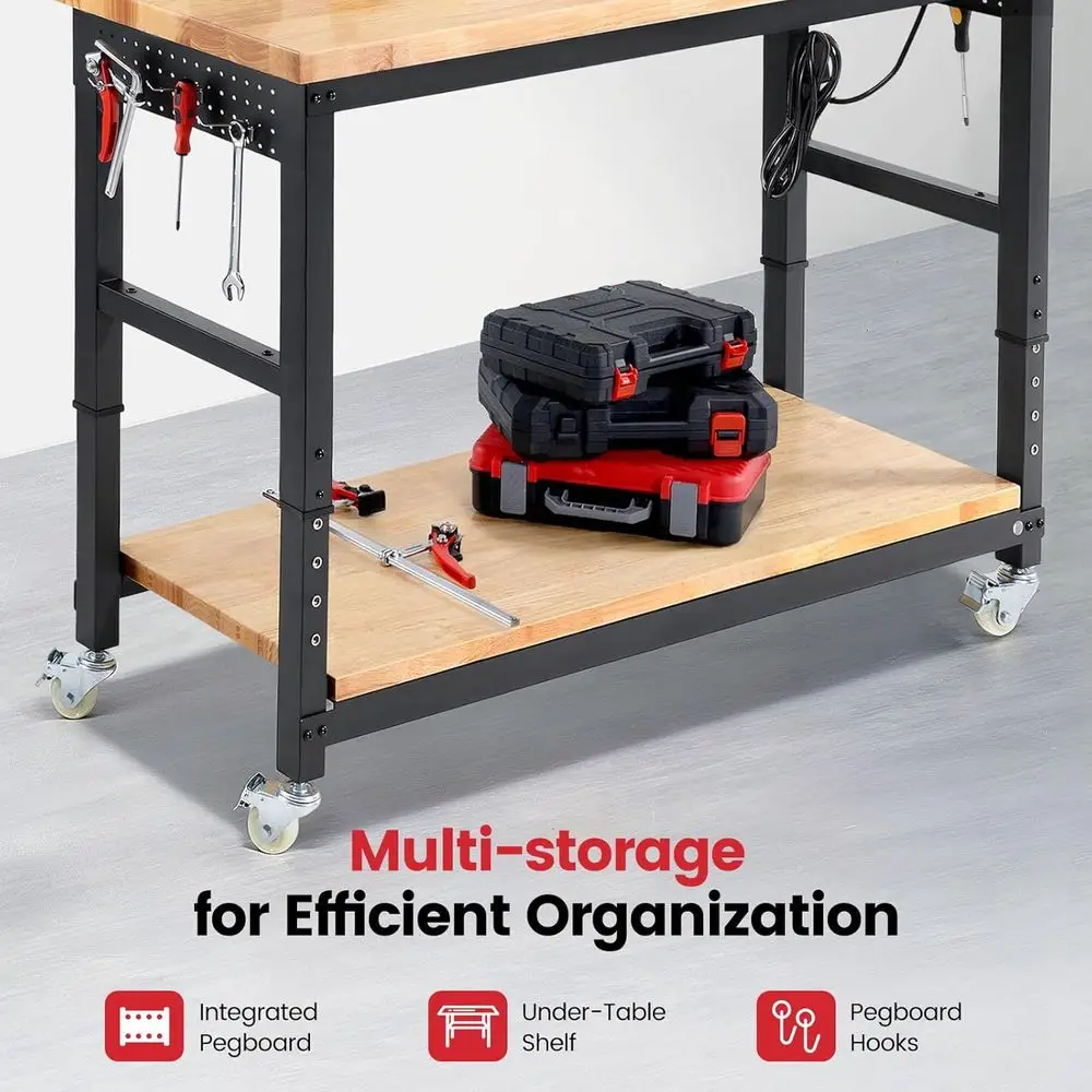 Work Bench or Garage Adjustable Workbenches with Storage 60 Inch Garage Workbench with Under Table Shel, Pegboard, Power Outlets