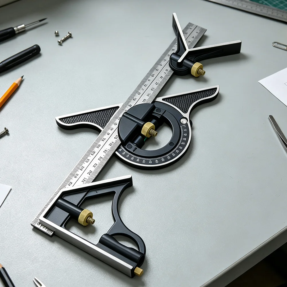 Stainless Steel Combination Square Ruler 90 45 Degree Adjustable Protractor For Precise Woodworking DIY Measurement Tool Black