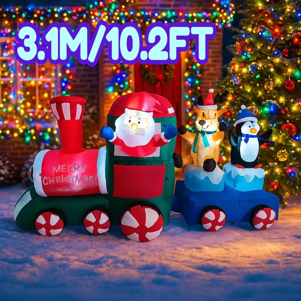 3.1M/10.2FT Christmas Decoration Inflatable Toy Santa Claus Reindeer Penguin Train Home Yard LED Light Christmas Party Toy