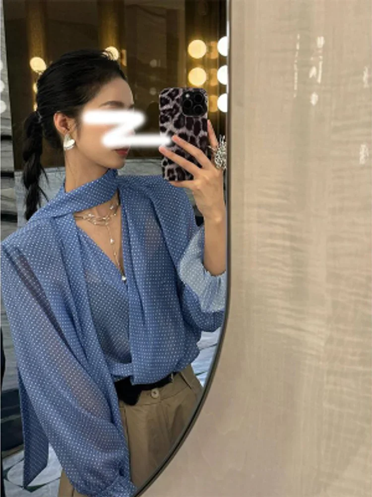 

Korean Style Blouses Blue Polka Dot V-neck Ribbon Chiffon Shirts 2025 Spring Summer Casual Micro Transparent Shirt Top
