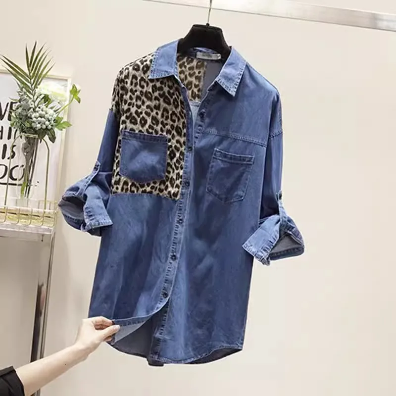 Leopard Print Patchwork Denim Shirt Women\'s 2024 Spring Autumn New Long sleeved Loose Cowboy Casual POLO Shirts Female