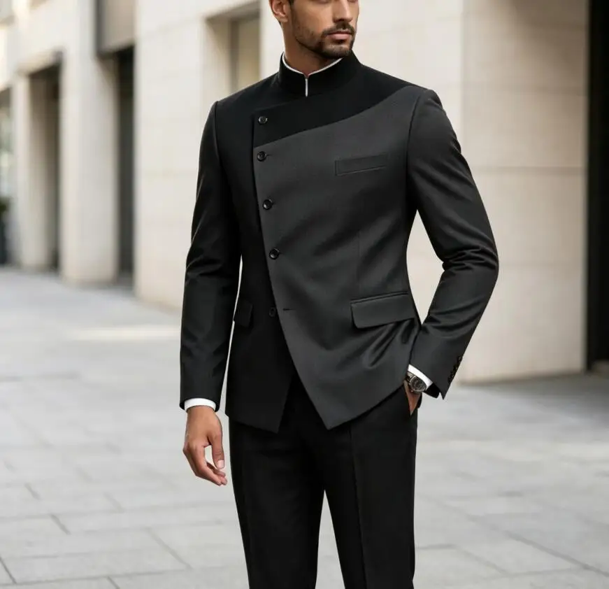 New Design Men's Chinese Tunic Wedding Suit Mandarin Collar 2 Piece Sets Suits for Men Slim Fit Traditional Formal Wedding Suit
