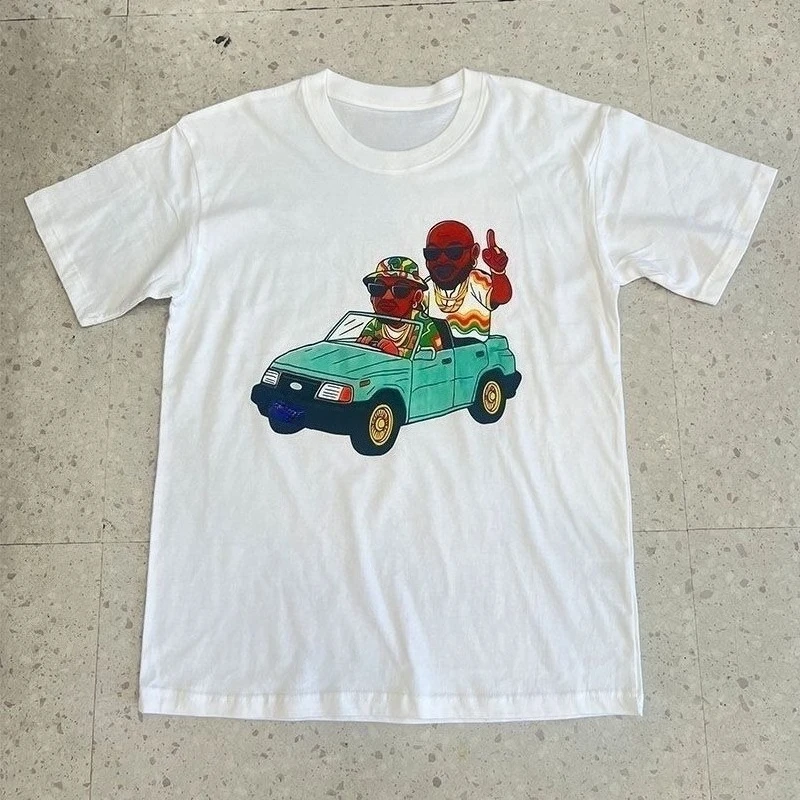 Cartoon Hip‑Hop Figure Convertible Car Graphic T‑Shirt With Cool Unisex Fit Short Sleeve Summer Streetwear Top