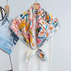 High-end Elegant Women's Exquisite Horse Club Print Quality 14MM Twill Silk Hand Rolled Edge Versatile Large Square Scarf Shawl