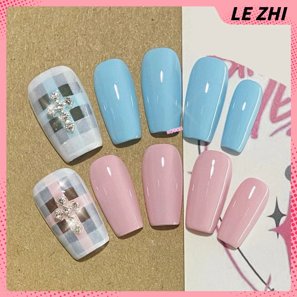 

10Pcs Y2K Colorful Short Square Handmade Removable Full Cover Nails Blue Pink Mosaic Grid Diamond Design Press On Nails Gift