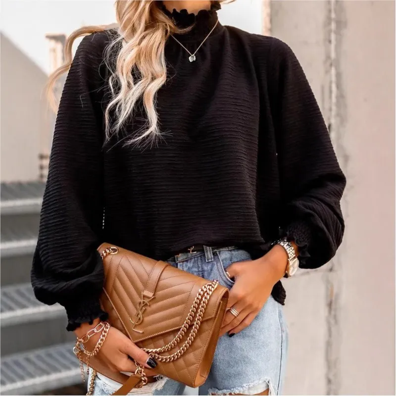 

Кружевная рубашка с высоким воротом и длинными рукавами с вырезом сзади, свободный повседневный однотонный осенне-зимний женский топ Blusas De Mujer