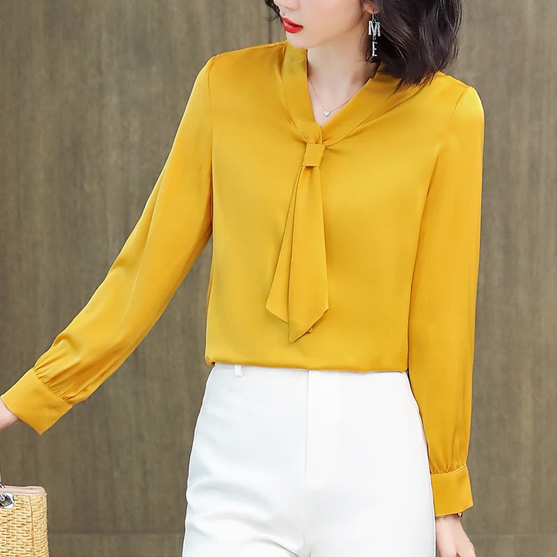 Imagem -02 - Elegante Escritório Senhora Trabalho Camisas Moda Arco com Decote em v Manga Longa Blusas Femininas Sólidos Topos Mulher Blusa de Seda Real Camisa Feminina