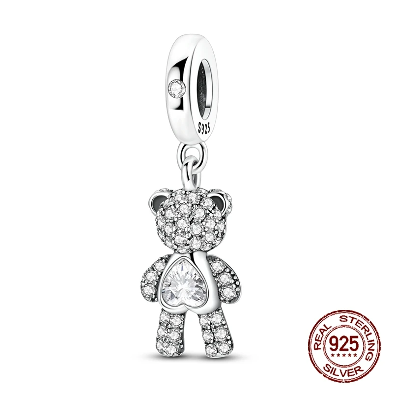 

925 Sterling Silver Dazzling Sparkling Cute Bear Charm Cubic Zirconia Pendant Fit Original Charm Bracelet Women DIY Jewelry Gift