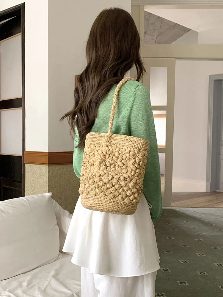 

Ретро Vaion Sle Ins Blogger Rouj Buet St тканая сумка Ручная тканая сумка на одно плечо с цветочным принтом Французская художественная цветочная...