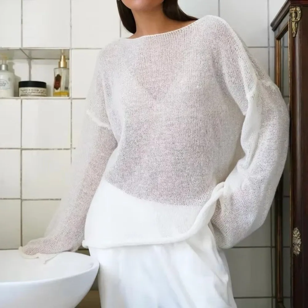 

Elegant Large Round Neck Hollow Knitted Sweater Breathable Lightweight Pullover Sweater Flared Sleeve See Through Knit T-Shirt