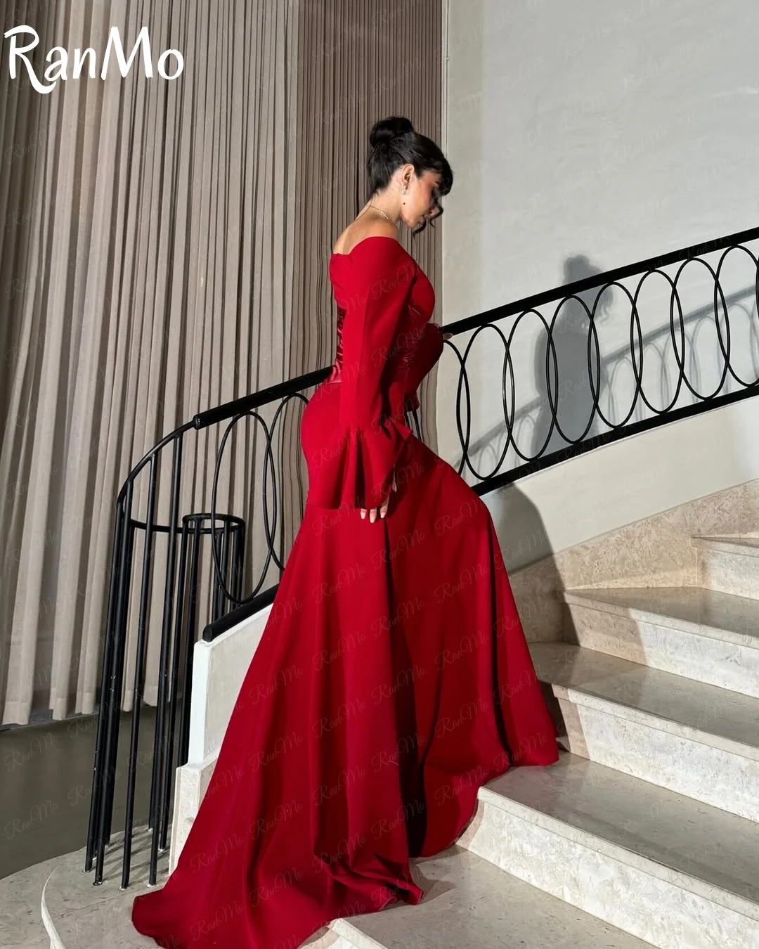 Ranmo Gaun Prom Arab Bahu Terbuka Putri Duyung Elegan Gaun Pesta Malam Satin Lengan Panjang Gaun Acara Khusus Disesuaikan