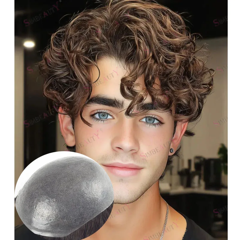 

Мужской парик-накладка из 100% индийских человеческих волос с ультратонкой основой (0.05-0.06 мм) и V-образным полиуретановым основанием, коричневый, 28 мм, кудрявый, прочный