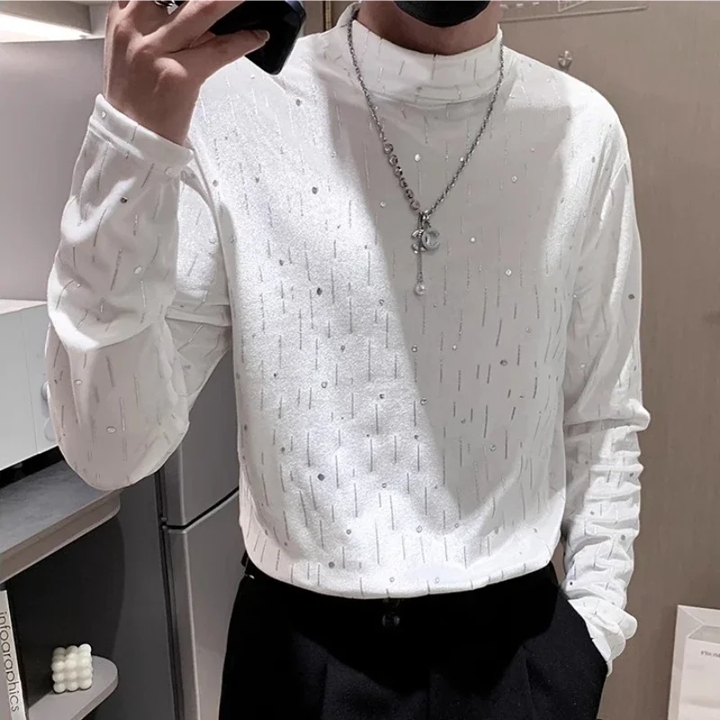 

Autumn Winter Velvet Rhinestone T-shirt for Men Long Sleeve Half Turtleneck T-shirt Casual Business Social Bottoming Shirt 2023